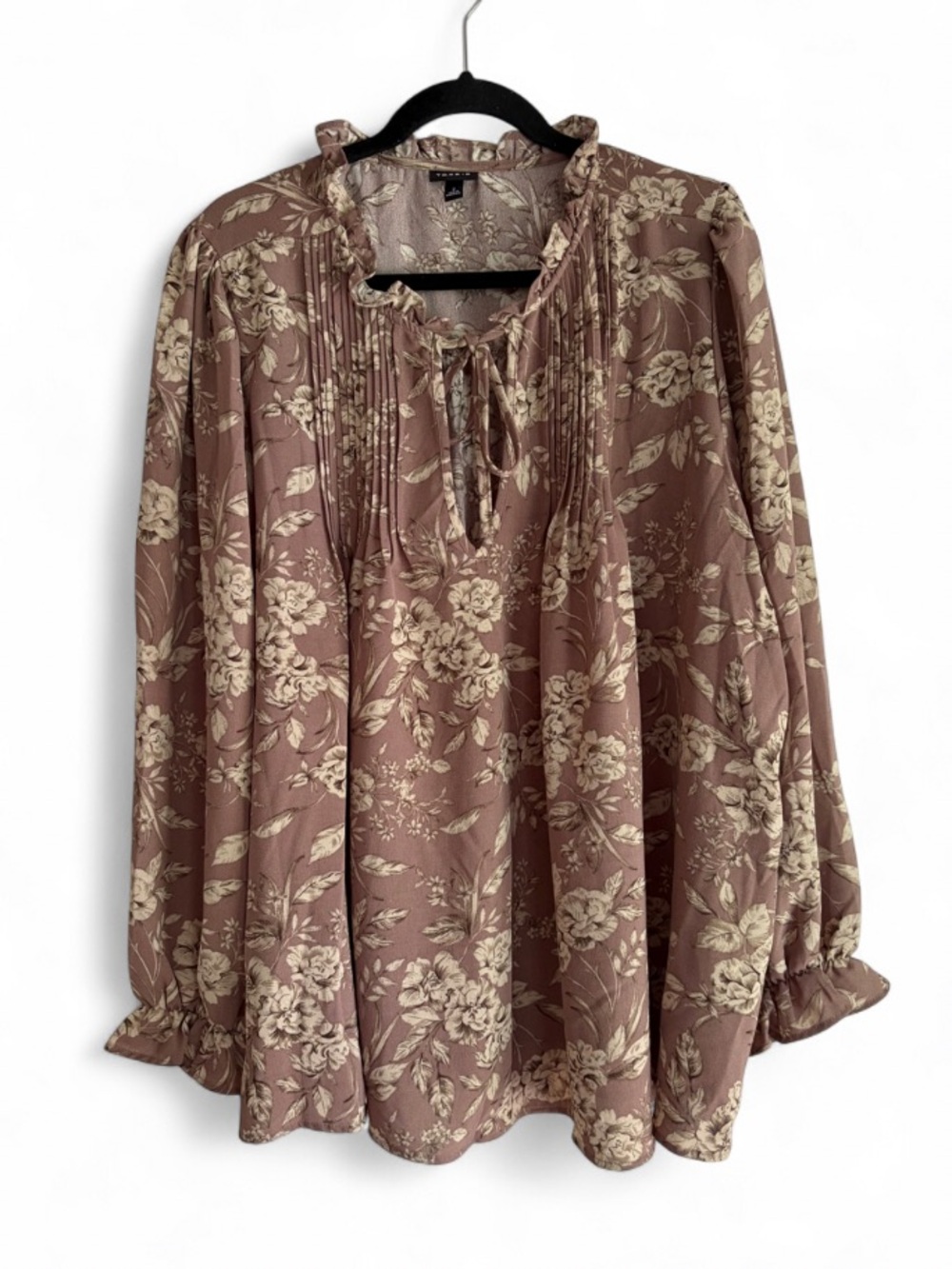 Torrid Brown Floral Ruffle Tie Neck Pleated Peasant Boho Blouse Size 2